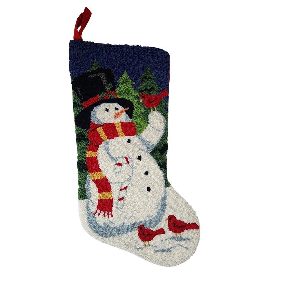 Hand Hooked Wool Christmas Stocking Snowman Cardinals Trees Red Velvet Back 18in